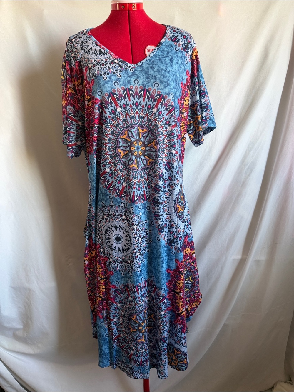 Blue Mandala V-Neck Maxi Dress with Multicolor Accents